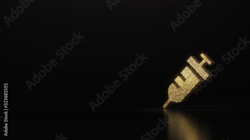science glitter gold glitter symbol of syringe 3D rendering on dark black background with blurred reflection with sparkles