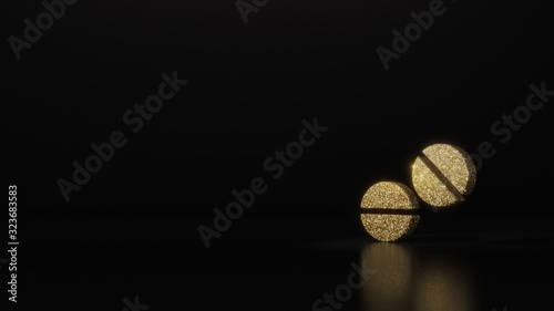 science glitter gold glitter symbol of tablets 3D rendering on dark black background with blurred reflection with sparkles