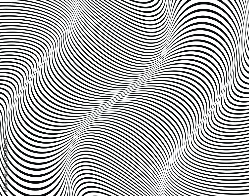  Abstract background with optical illusion wave. Black and white horizontal lines with wavy distortion effect for prints, web pages, template, posters, monochrome backgrounds and pattern