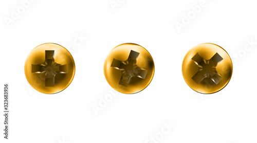 Set golden self-tapping screws, heads, gold caps. Twisted in surface screw isolated on white background. Macro polished objects top view, hats metalwares. Vector illustration.