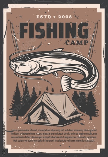 Fishing sport camp vector design of fish, fisherman rod, hook and tourist tent with forest trees. Fishing tackle and bait, tourist equipment and catfish retro poster of outdoor hobby themes