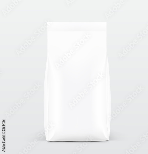 Realistic food bag on grey background. Front view. Vector illustration. Can be use for template your design, presentation, promo, ad. EPS 10.	