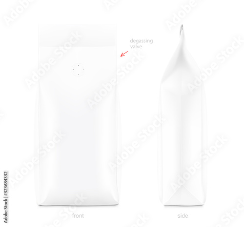 Realistic food bags isolated on white background. Side  and front view. Vector illustration. Can be use for template your design, presentation, promo, ad. EPS 10.	