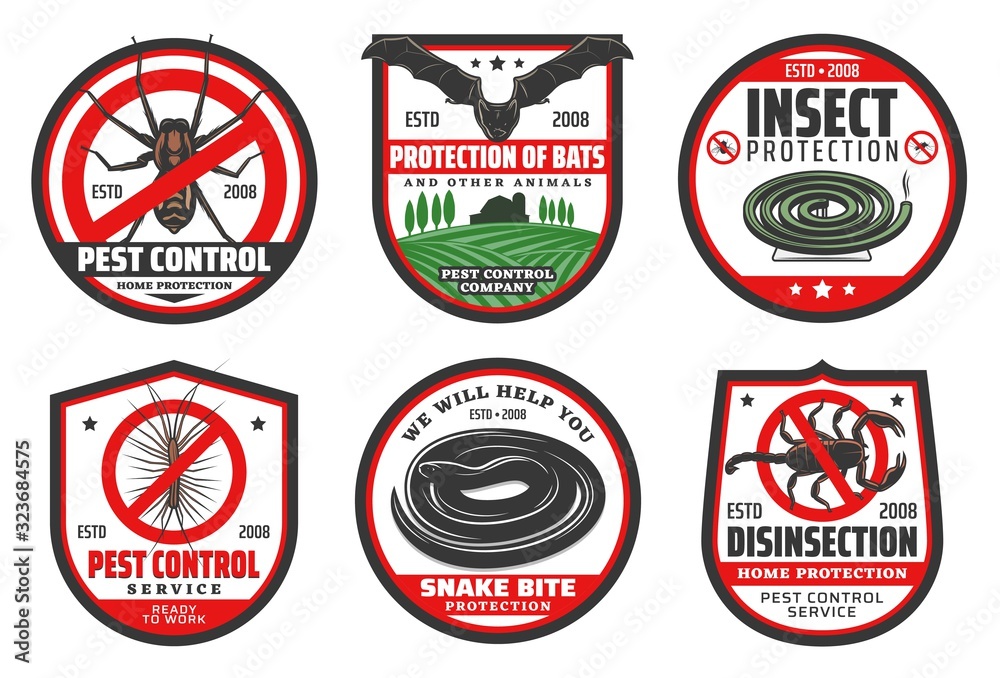 Pest control badges of desinsection and insect protection vector design. Mosquito, fly and flea, cockroach, ant and spider, bat, centipede and scorpion, snake and mosquito coil with red stop symbols