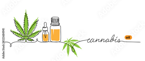 Cannabis oil minimalist vector web banner.  Marihuana, hemp, weed, banner, background.  One continuous line drawing, background, illustration with lettering cannabis.