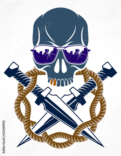 Revolution and Riot wicked emblem or logo with aggressive skull, vector tattoo, anarchy and chaos, rebel partisan and revolutionary.
