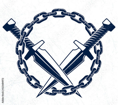 Dagger knives crossed vector criminal gang logo or sign, gangster style theme.