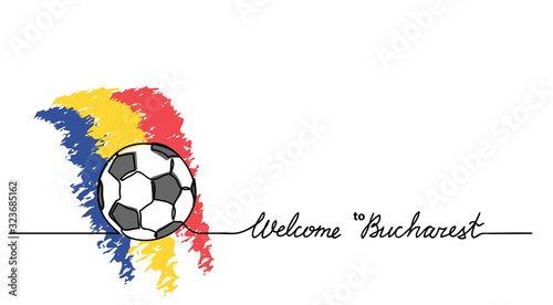 Welcome to Bucharest  simple soccer, football banner. Minimalistic vector background with football ball sketch and Romania flag with lettering.