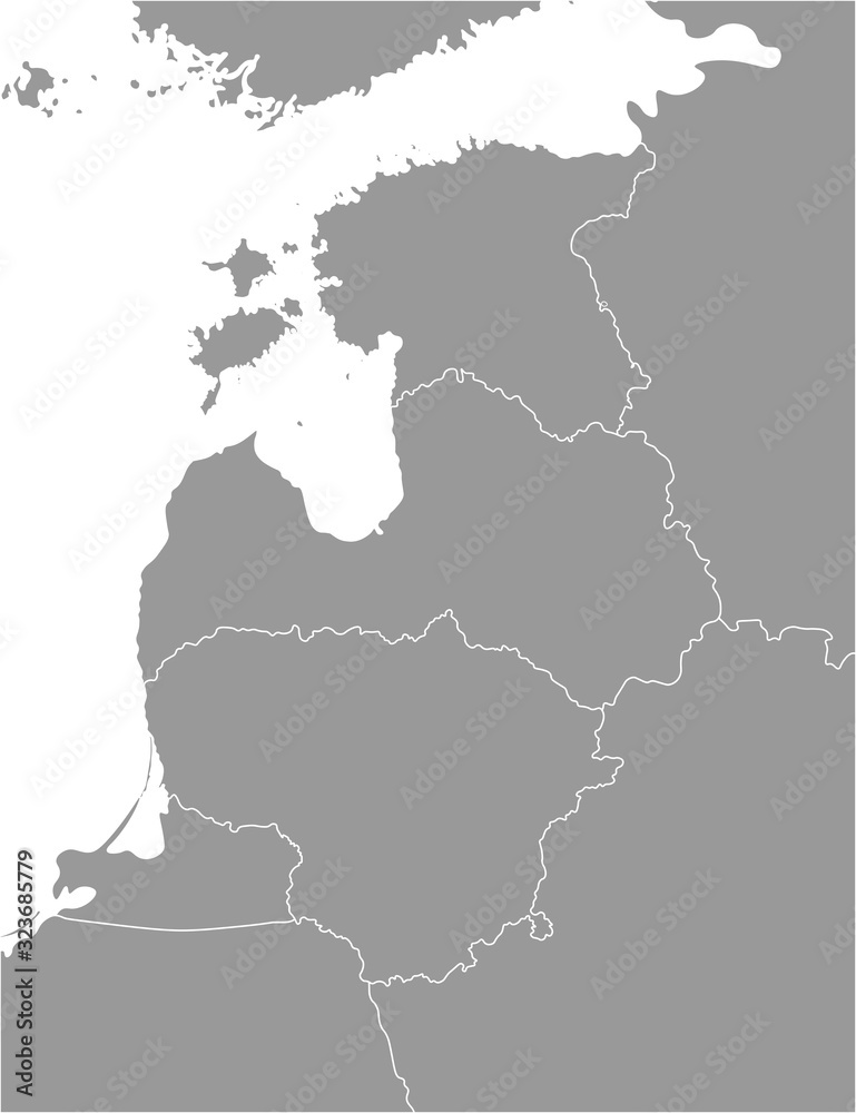 Vector isolated illustration of simplified political map of Baltic states (Estonia, Latvia, Lithuania) and nearest countries. Borders of the states. Grey silhouettes. White outline and background.