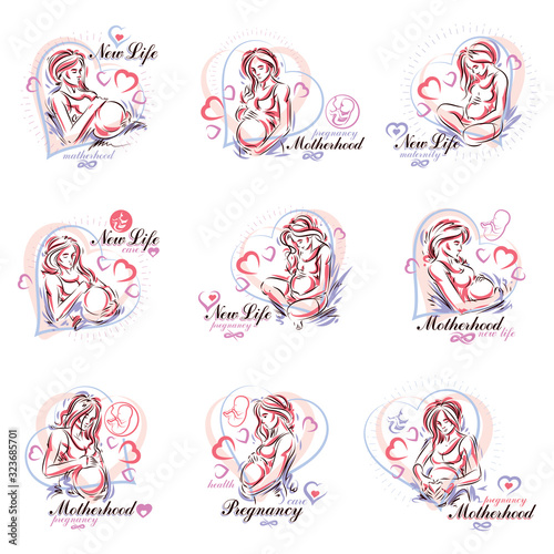 Set of pregnant female body shapes hand drawn vector illustration, beautiful lady gently touching her belly. Mothers day concept
