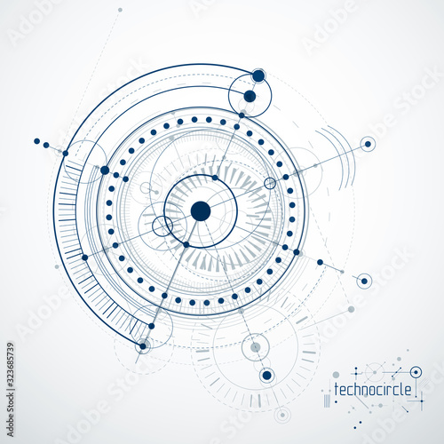 Mechanical scheme  vector engineering drawing with circles and geometric parts of mechanism. Technical plan can be used in web design and as wallpaper or background.