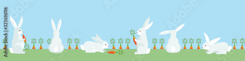 Rabbits hunt to carrot at seamless background. Repeatable horizontal banner with bunnies and vegetable garden.