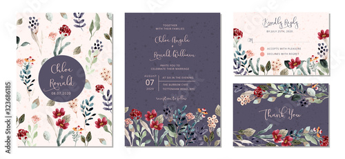 wedding invitation set with floral garden watercolor