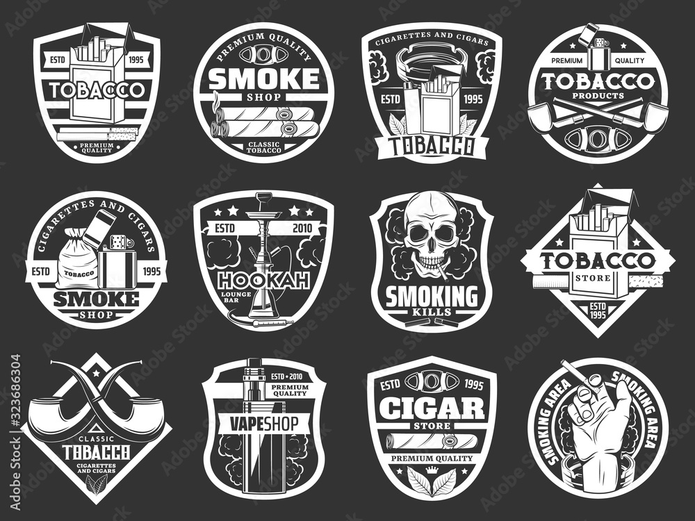 Cigarette and cigar badges of tobacco and smoke shop vector design