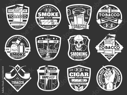 Cigarette and cigar badges of tobacco and smoke shop vector design. Cigarette packs, lighters and smoking pipes, skull, tobacco leaves and ashtray, vape, hookah and cigar cutter monochrome icons