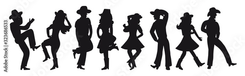Silhouette of a couple dancing a country western on a white isolated background. All girls and boys are dancing an incendiary American dance. Four funny pairs of people in black. Cowboy hats, boots photo