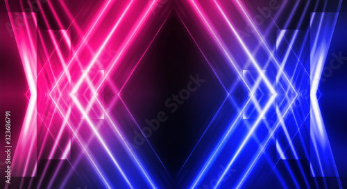 Background of empty stage show. Neon blue and purple light and laser show. Laser futuristic shapes on a dark background. Abstract dark background with neon glow