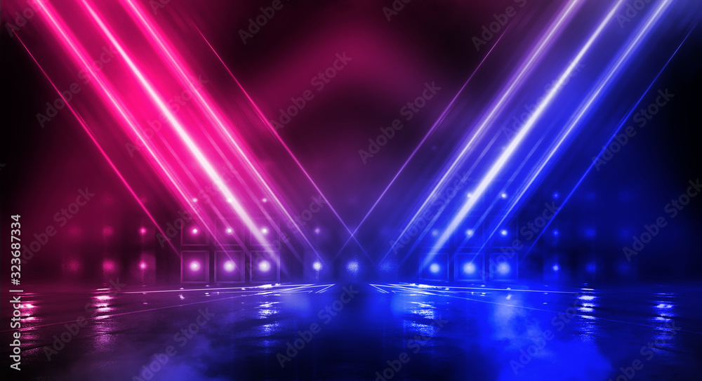 Fototapeta: Background of empty stage show. Neon blue and purple light and  laser show. Laser futuristic... #323687334 '