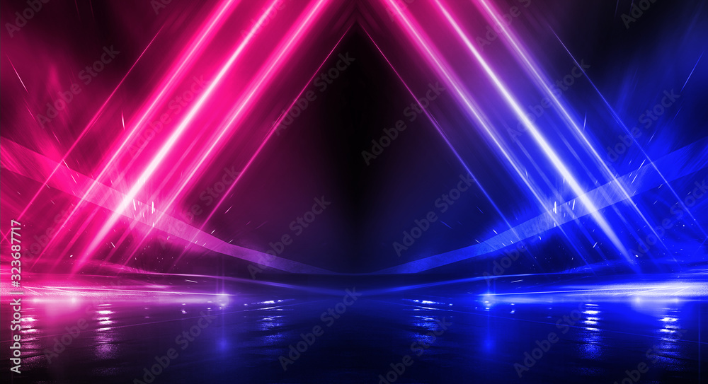 Background of empty stage show. Neon blue and purple light and laser show.  Laser futuristic shapes on a dark background. Abstract dark background with neon  glow Stock Illustration | Adobe Stock