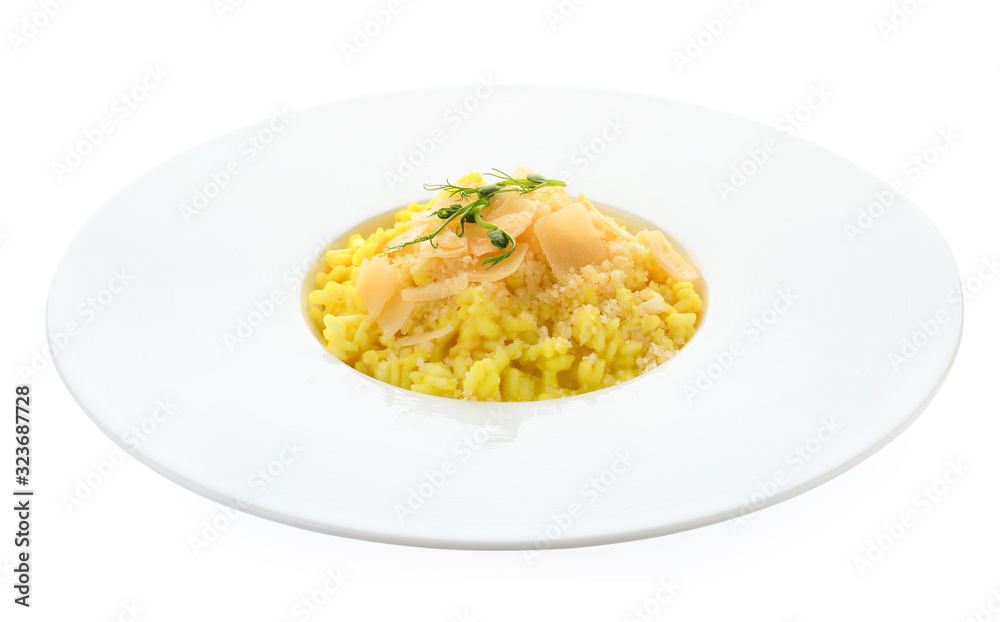 Delicious risotto with cheese isolated on white Delicious risotto with cheese isolated on white