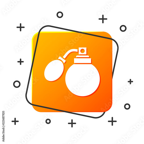 White Aftershave bottle with atomizer icon isolated on white background. Cologne spray icon. Male perfume bottle. Orange square button. Vector Illustration