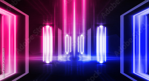 Background of empty stage show. Neon blue and purple light and laser show. Laser futuristic shapes on a dark background. Abstract dark background with neon glow © MiaStendal