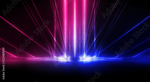 Background of empty stage show. Neon blue and purple light and laser show. Laser futuristic shapes on a dark background. Abstract dark background with neon glow © MiaStendal