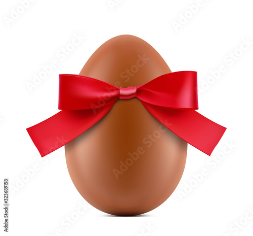 Chocolate easter egg with satin red bow isolated on white background. Vector illustration. Ready for your design. EPS10.	