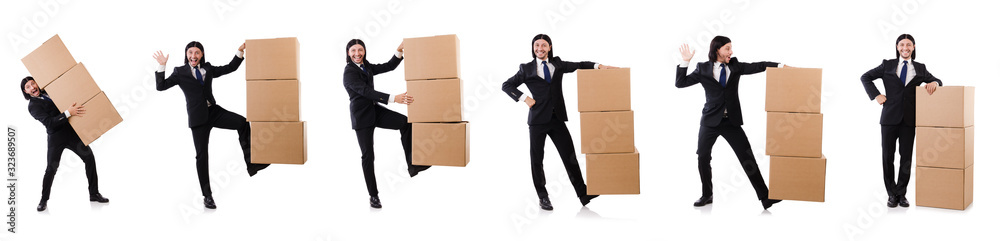 Funny man with boxes on white Funny man with boxes on white