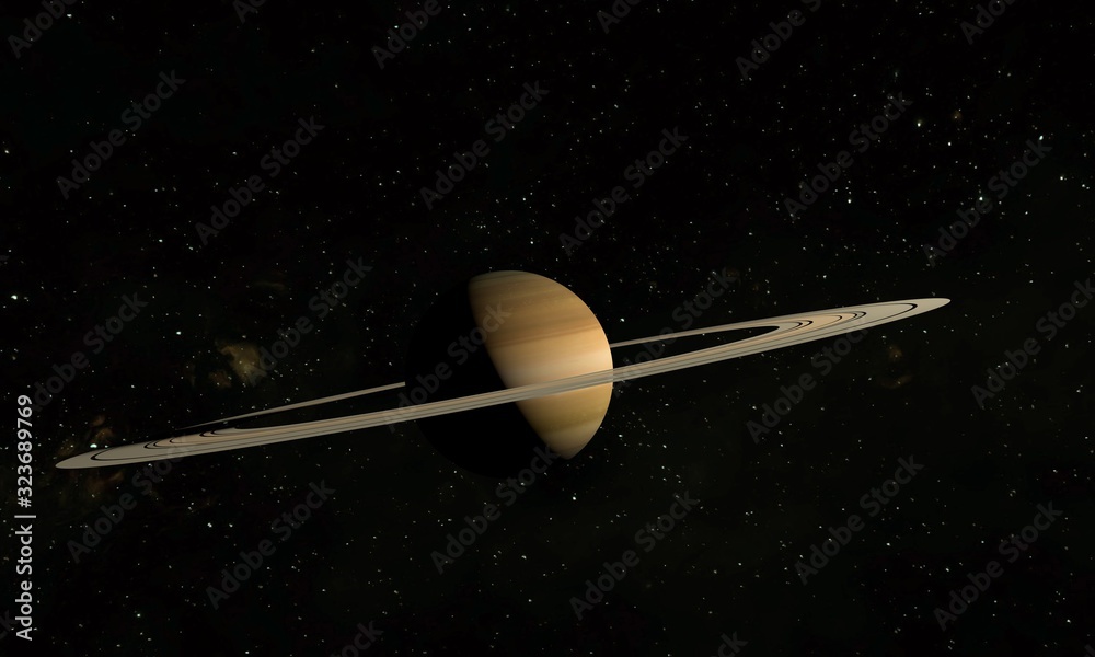 Planet Saturn with rings and satellites on the space background. 3d illustration.