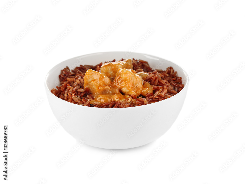 Delicious brown rice in bowl isolated on white Delicious brown rice in bowl isolated on white