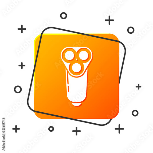 White Electric razor blade for men icon isolated on white background. Electric shaver. Orange square button. Vector Illustration