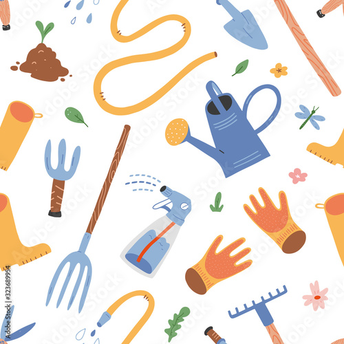 Gardening tools pattern, seamless vector background with cute hand drawn illustrations of watering pot, seedling, gardening gloves and flowers. Vector texture, good as print, wrapping paper background