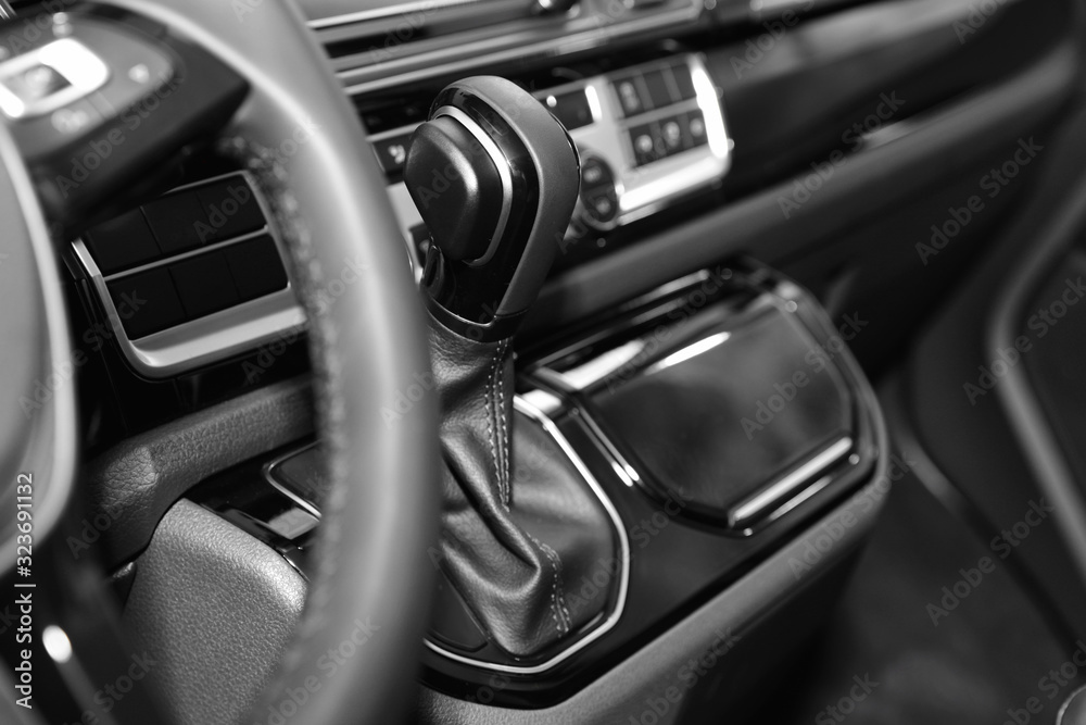 Gearshift and dashboard inside of modern car Gearshift and dashboard inside of modern car