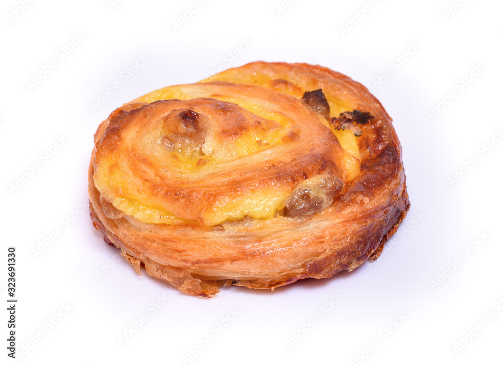 Bun with raisins on a white background.. Bun with raisins on a white background..
