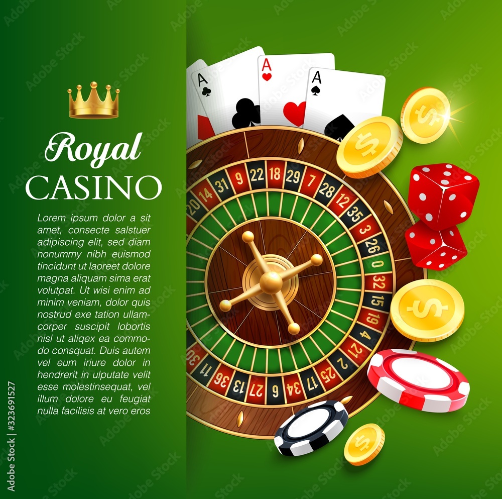 Casino, online gambling games vector design. Realistic roulette wheel, poker cards, casino chips and dice with jackpot golden coins and gold crown poster, game of chance and sport betting themes Casino, online gambling games vector design. Realistic roulette wheel, poker cards, casino chips and dice with jackpot golden coins and gold crown poster, game of chance and sport betting themes
