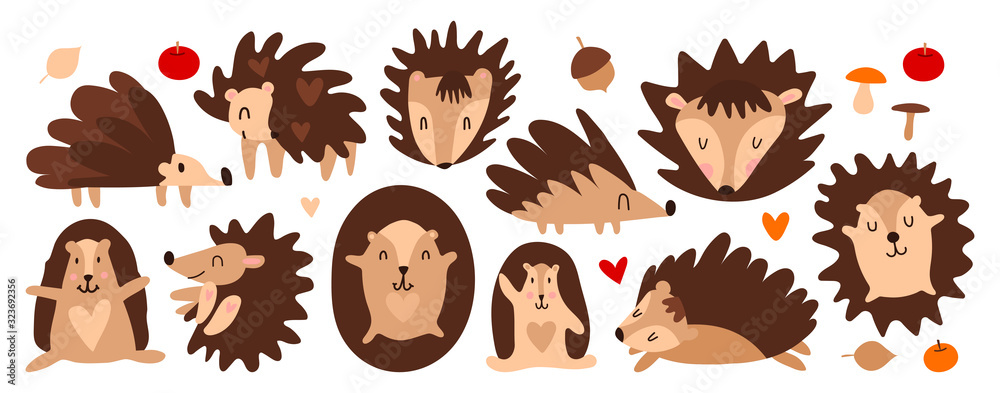 Obraz premium Collection of cute scandinavian hedgehogs. Printing on children's textiles, decorating a children's room, designing goods for children. Vector illustration of funny cartoon hedgehogs set