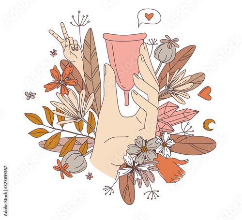 Women's menstruation periods cup floral flowers pattern background