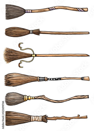 Set of six different magic wooden brooms isolated on white background. Wizard items. Hand drawn cartoon illustration Isolated on a white background. Halloween attribute.  photo