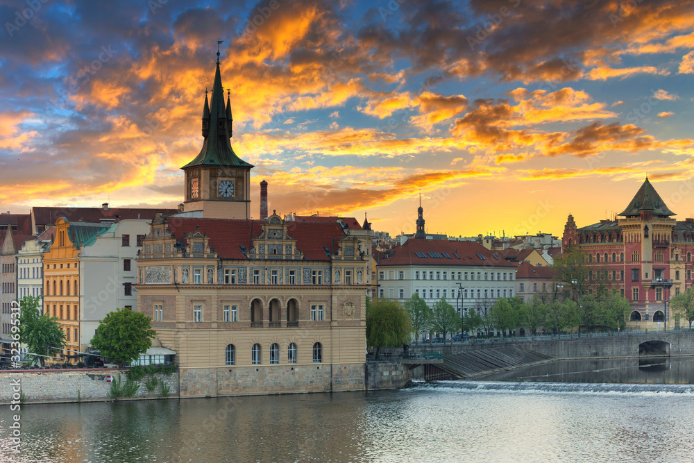 View from the Charles bridge in Prague at sunrise, Czech Republic