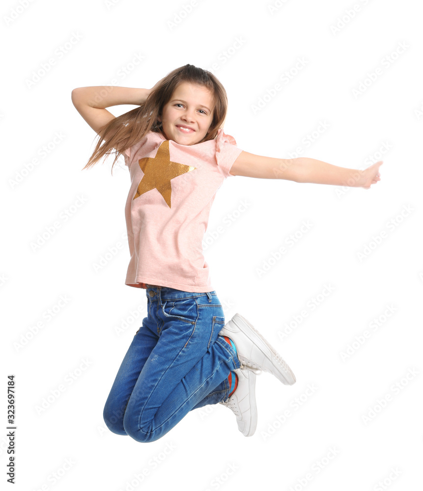 Full length portrait of preteen girl jumping on white background Stock ...