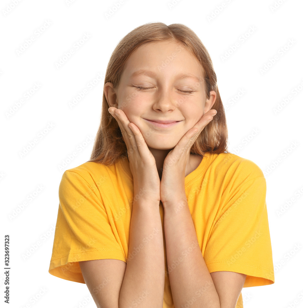 Portrait of happy preteen girl on white background Portrait of happy preteen girl on white background