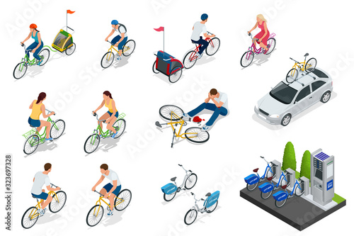Set of cyclists, car with bike holder, bicycle parking. Isometric People on Bicycles. Family Cyclists. Collection of people riding bicycles of various types.