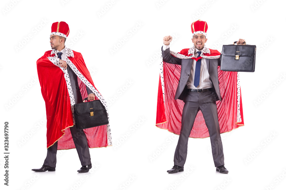 Businessman playing king isolated on white Businessman playing king isolated on white