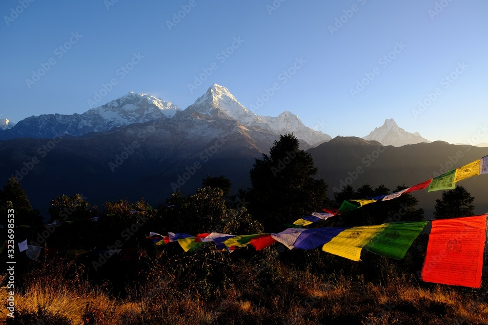 Fototapeta Beautiful panorama of of the Annapurna massif and prayed flags at sunrise on the Ghorepani Poon Hill, Himalaya, Nepal