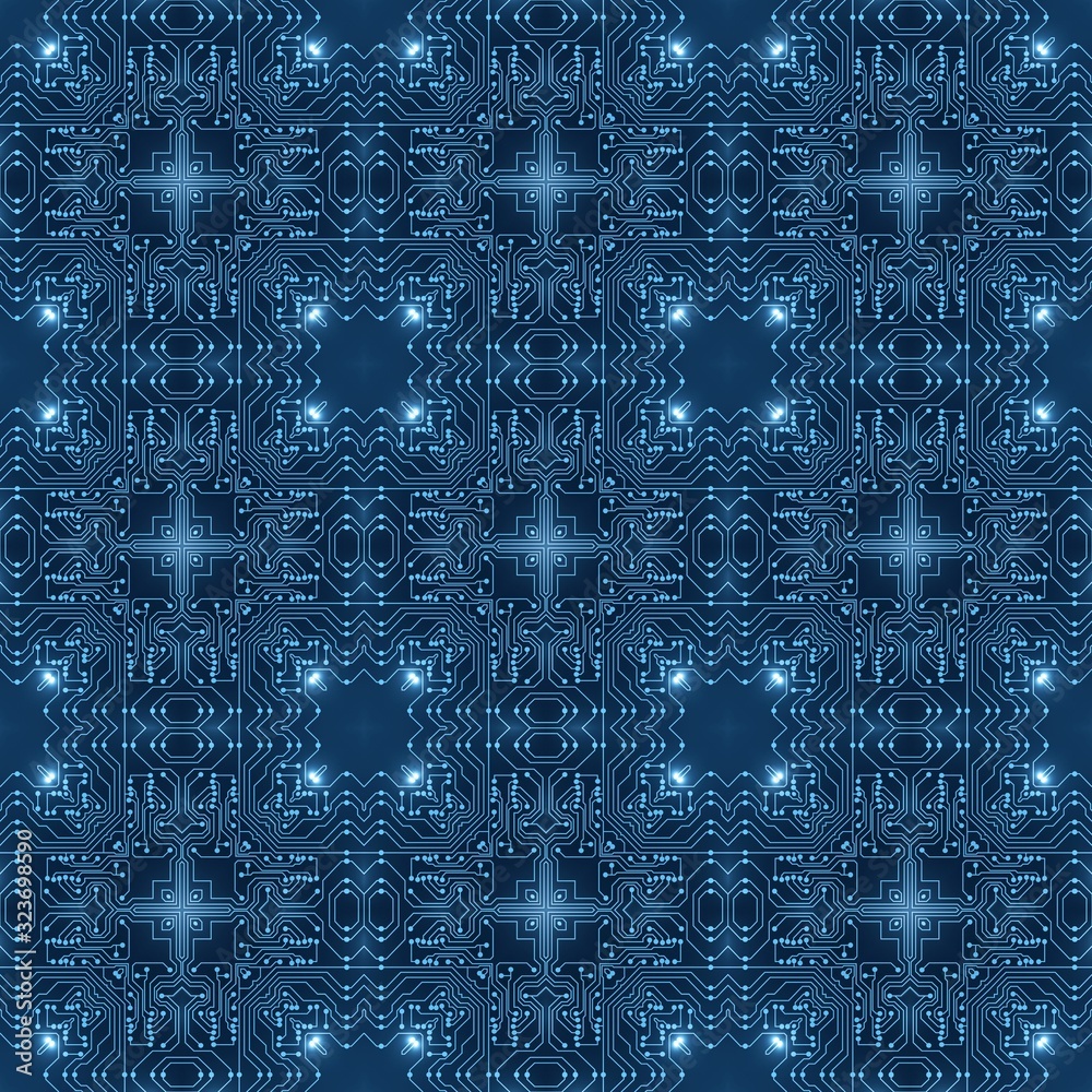 Blue Circuit Board Pattern Digital Seamless Background. Abstract Futuristic Computer Motherboard illustration. Information Technology, High-tech Business, Network Texture, Artificial Intelligence