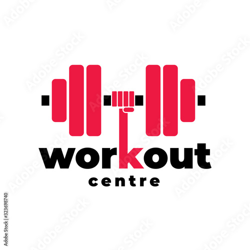 Hand holding dumbbell icon with business name logo design template. Workout symbol - vector icon