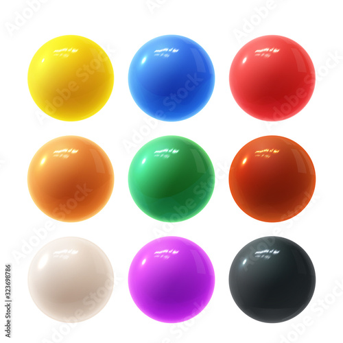 Realistic modern vector set of colorful shiny glossy plastic balls with glare reflections