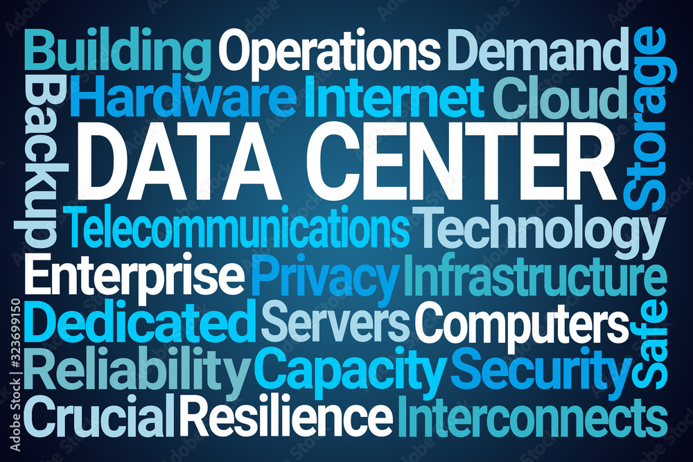 Data Center Word Cloud on Blue Background Data Center Word Cloud on Blue Background