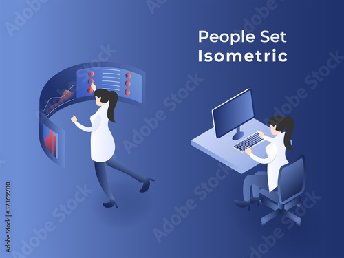 People working on office watching data analytics on screen set. 3D vector illustration vector image